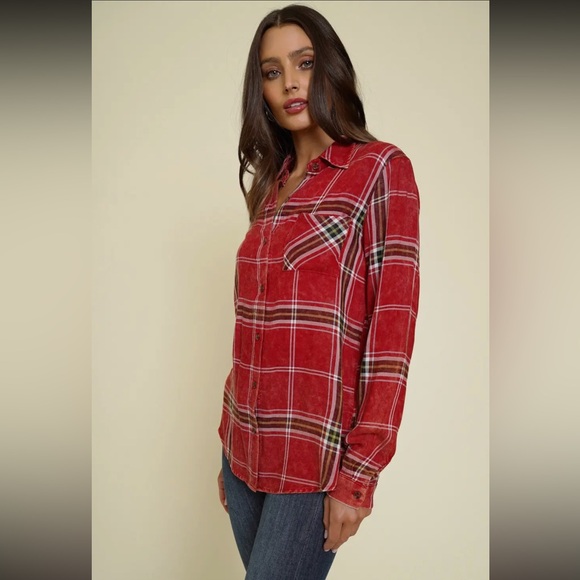 268.Plaid Button Down Shirt Washed Red Rayon Layering S M & L Available NEW Item - Picture 5 of 7